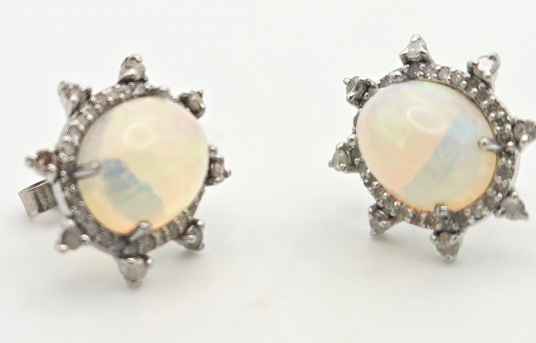 2245 Vintage Silver Two Opals (5.6ct) 76 Natural Diamonds (0.77ct) Stud Earrings