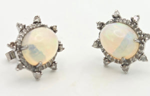 2245 Vintage Silver Two Opals (5.6ct) 76 Natural Diamonds (0.77ct) Stud Earrings