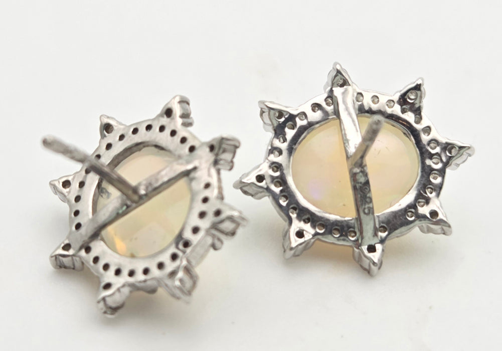 2245 Vintage Silver Two Opals (5.6ct) 76 Natural Diamonds (0.77ct) Stud Earrings