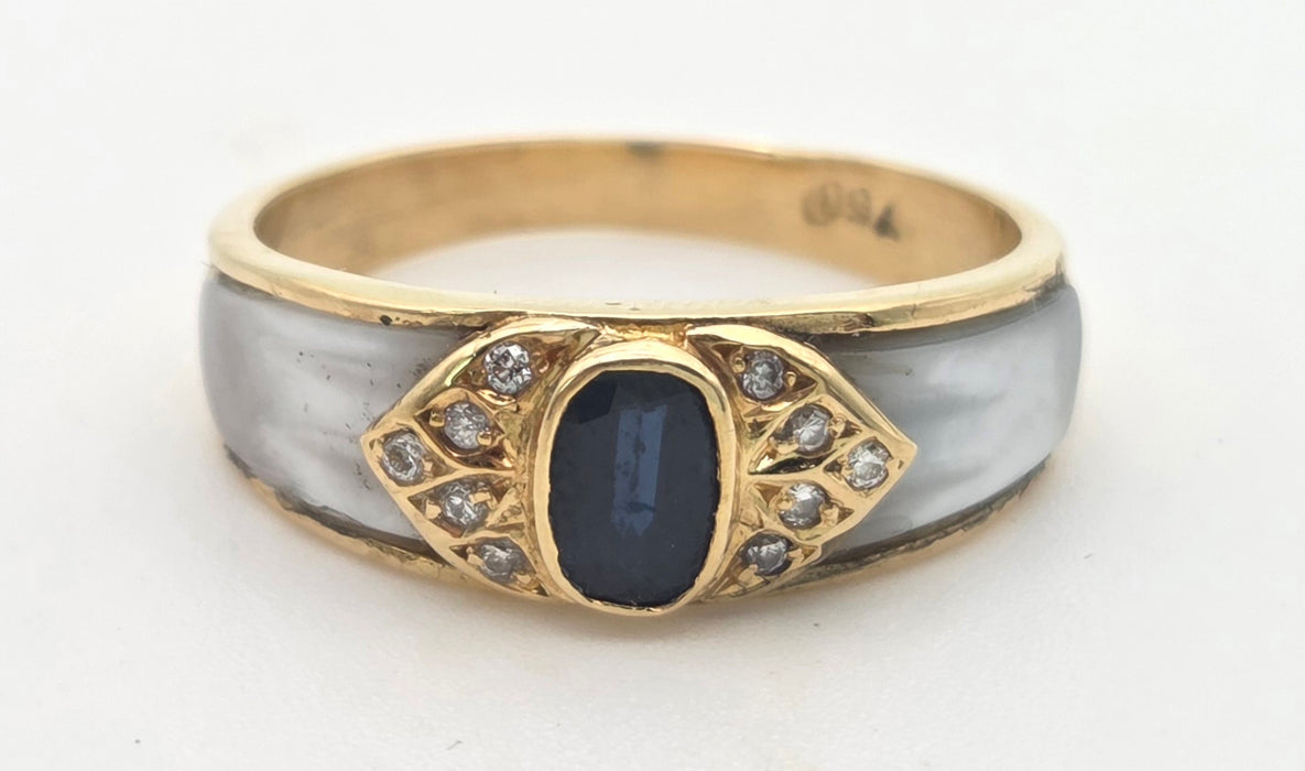 Vintage: 18ct Yellow Gold Sapphire, Diamond & Mother of Pearl Art Deco Style Ring