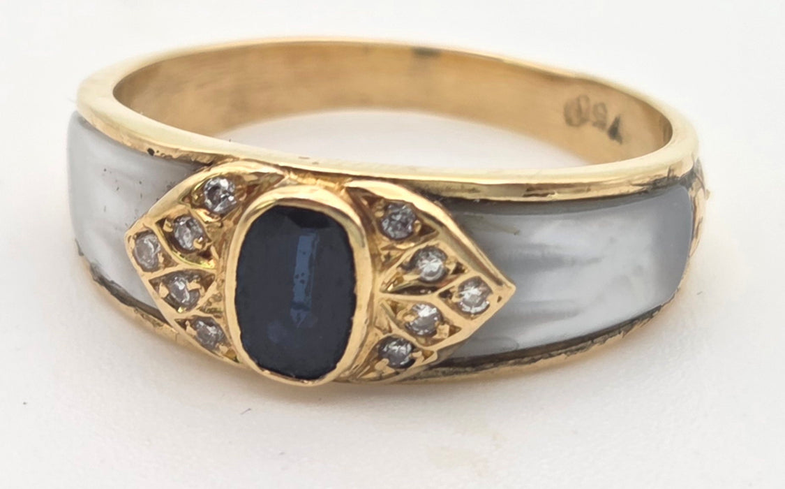 Vintage: 18ct Yellow Gold Sapphire, Diamond & Mother of Pearl Art Deco Style Ring