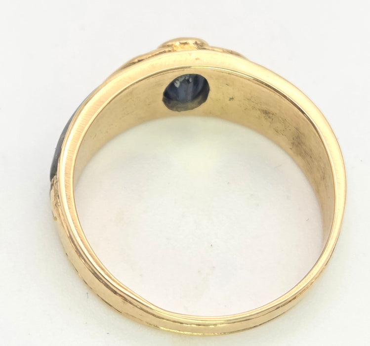 Vintage: 18ct Yellow Gold Sapphire, Diamond & Mother of Pearl Art Deco Style Ring