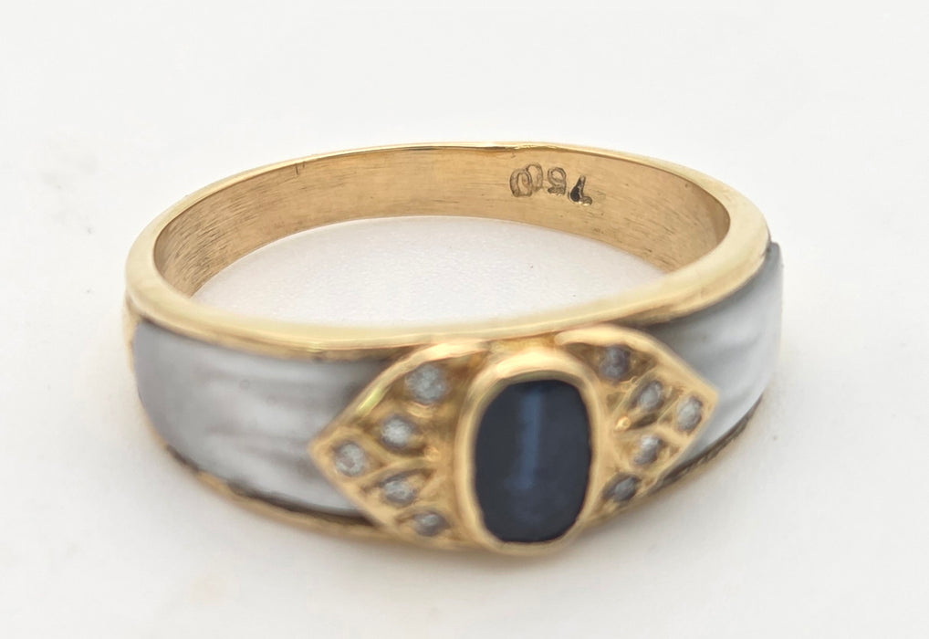 Vintage: 18ct Yellow Gold Sapphire, Diamond & Mother of Pearl Art Deco Style Ring