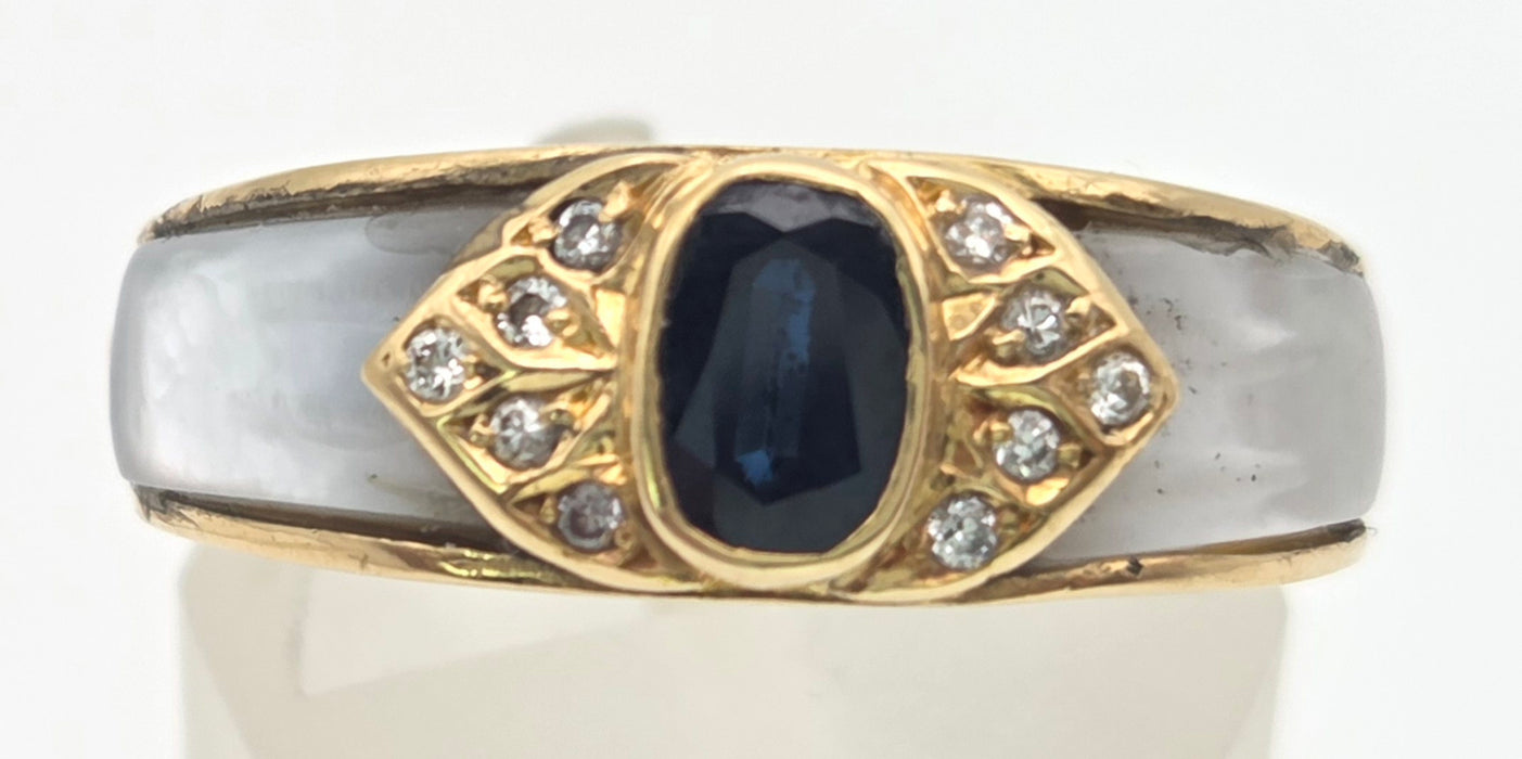 Vintage: 18ct Yellow Gold Sapphire, Diamond & Mother of Pearl Art Deco Style Ring