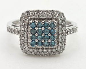 2117 Vintage: 9ct White Gold Blue & White Natural Diamonds Encrusted ring