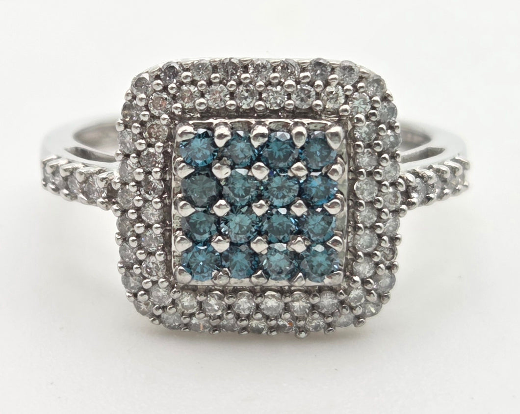 2117 Vintage: 9ct White Gold Blue & White Natural Diamonds Encrusted ring