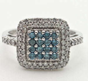 2117 Vintage: 9ct White Gold Blue & White Natural Diamonds Encrusted ring
