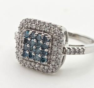 2117 Vintage: 9ct White Gold Blue & White Natural Diamonds Encrusted ring