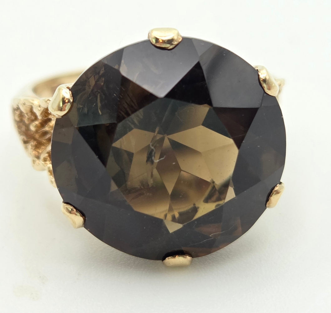 2331 Vintage: 9ct Gold Large Cognac Smokey Quartz Ring- From 1972- Statement