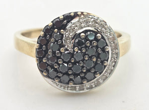 2222 Vintage: 9ct Gold Black & White Natural Diamonds "Swirl" Cocktail Ring