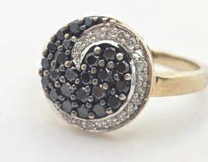 2222 Vintage: 9ct Gold Black & White Natural Diamonds "Swirl" Cocktail Ring