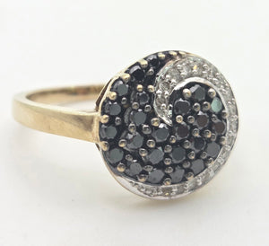 2222 Vintage: 9ct Gold Black & White Natural Diamonds "Swirl" Cocktail Ring