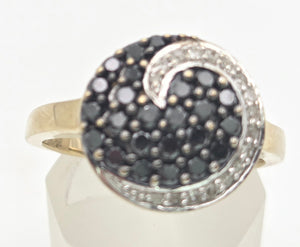 2222 Vintage: 9ct Gold Black & White Natural Diamonds "Swirl" Cocktail Ring