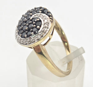 2222 Vintage: 9ct Gold Black & White Natural Diamonds "Swirl" Cocktail Ring