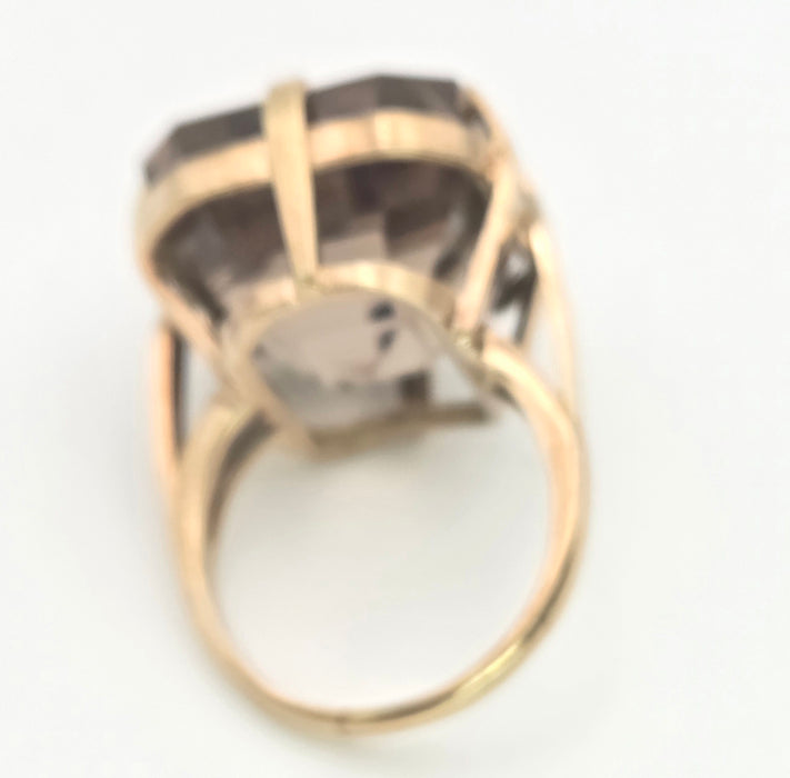 6476  Vintage: large 9ct Gold Square Cu Smokey Quartz Statement Ring