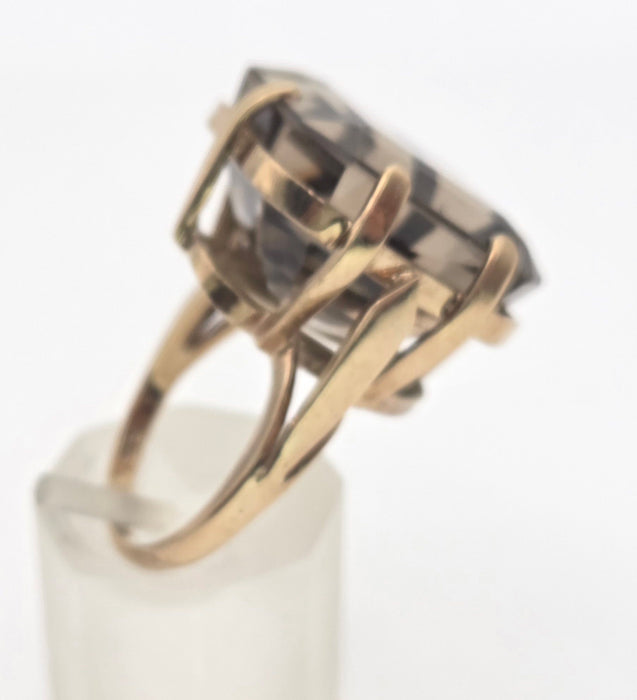 6476  Vintage: large 9ct Gold Square Cu Smokey Quartz Statement Ring