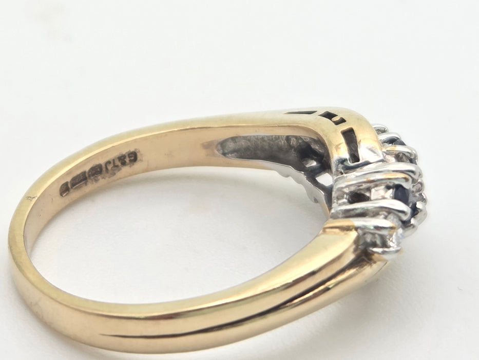 2249 Vintage: 9ct Gold Cornflower Blue Sapphires Natural Diamonds Crossover Ring