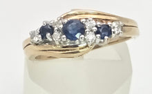 Load image into Gallery viewer, 2249 Vintage: 9ct Gold Cornflower Blue Sapphires Natural Diamonds Crossover Ring
