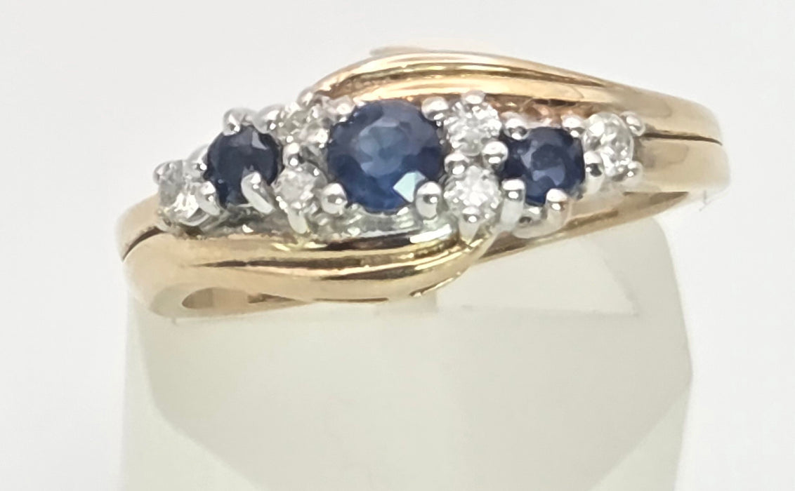 2249 Vintage: 9ct Gold Cornflower Blue Sapphires Natural Diamonds Crossover Ring