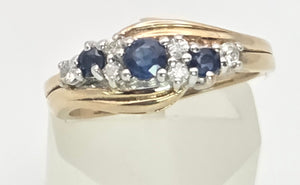2249 Vintage: 9ct Gold Cornflower Blue Sapphires Natural Diamonds Crossover Ring
