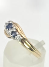 Load image into Gallery viewer, 2249 Vintage: 9ct Gold Cornflower Blue Sapphires Natural Diamonds Crossover Ring
