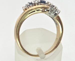 2249 Vintage: 9ct Gold Cornflower Blue Sapphires Natural Diamonds Crossover Ring