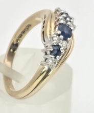Load image into Gallery viewer, 2249 Vintage: 9ct Gold Cornflower Blue Sapphires Natural Diamonds Crossover Ring

