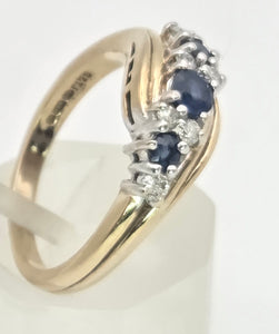 2249 Vintage: 9ct Gold Cornflower Blue Sapphires Natural Diamonds Crossover Ring