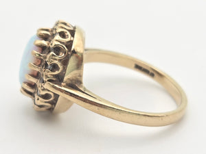 2247 Vintage: 9ct Gold Cabochon White Opal 16 Diamonds Cluster Ring