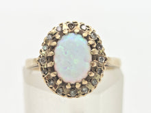 Cargar imagen en el visor de la galería, 2247 Vintage: 9ct Gold Cabochon White Opal 16 Diamonds Cluster Ring
