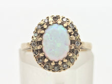 Cargar imagen en el visor de la galería, 2247 Vintage: 9ct Gold Cabochon White Opal 16 Diamonds Cluster Ring
