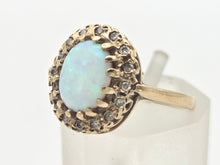 Cargar imagen en el visor de la galería, 2247 Vintage: 9ct Gold Cabochon White Opal 16 Diamonds Cluster Ring
