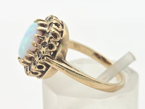 2247 Vintage: 9ct Gold Cabochon White Opal 16 Diamonds Cluster Ring
