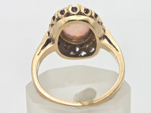 2247 Vintage: 9ct Gold Cabochon White Opal 16 Diamonds Cluster Ring