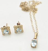 Load image into Gallery viewer, 1118 Vintage: Petite 9ct Gold Swiss Blue Topaz Necklace, Pendant, Earrings Set
