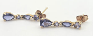 2214 Vintage: 9ct Gold Iolite & Tanzanite Drop Stud Earrings
