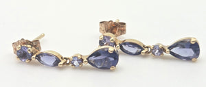 2214 Vintage: 9ct Gold Iolite & Tanzanite Drop Stud Earrings