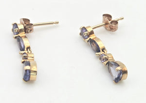 2214 Vintage: 9ct Gold Iolite & Tanzanite Drop Stud Earrings