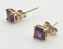 Load image into Gallery viewer, Vintage: Petite 9ct Gold Princess Cut Almandine Garnet Stud Earrings
