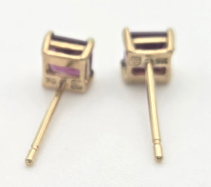 Vintage: Petite 9ct Gold Princess Cut Almandine Garnet Stud Earrings