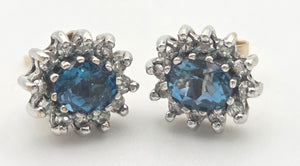 2260 Vintage: 9ct Gold Blue Topaz 24 Natural Diamonds Stud Earrings