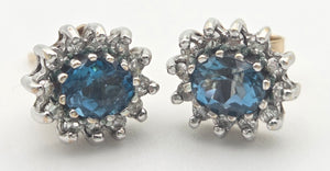 2260 Vintage: 9ct Gold Blue Topaz 24 Natural Diamonds Stud Earrings
