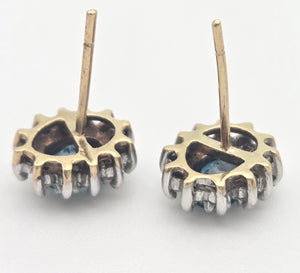 2260 Vintage: 9ct Gold Blue Topaz 24 Natural Diamonds Stud Earrings