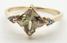 Load image into Gallery viewer, 2223 Vintage: 9ct Gold Square Cut Peridot 6 Natural Diamonds Dress Ring
