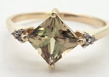 Load image into Gallery viewer, 2223 Vintage: 9ct Gold Square Cut Peridot 6 Natural Diamonds Dress Ring
