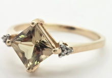 Load image into Gallery viewer, 2223 Vintage: 9ct Gold Square Cut Peridot 6 Natural Diamonds Dress Ring

