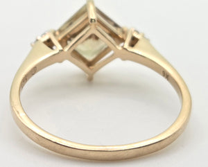 2223 Vintage: 9ct Gold Square Cut Peridot 6 Natural Diamonds Dress Ring