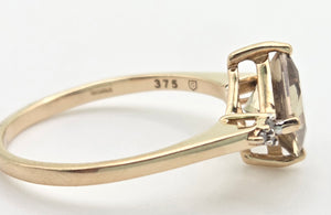 2223 Vintage: 9ct Gold Square Cut Peridot 6 Natural Diamonds Dress Ring