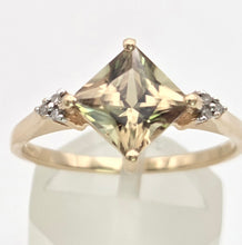 Load image into Gallery viewer, 2223 Vintage: 9ct Gold Square Cut Peridot 6 Natural Diamonds Dress Ring
