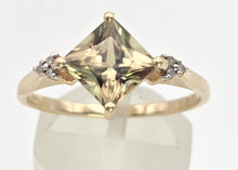 Load image into Gallery viewer, 2223 Vintage: 9ct Gold Square Cut Peridot 6 Natural Diamonds Dress Ring
